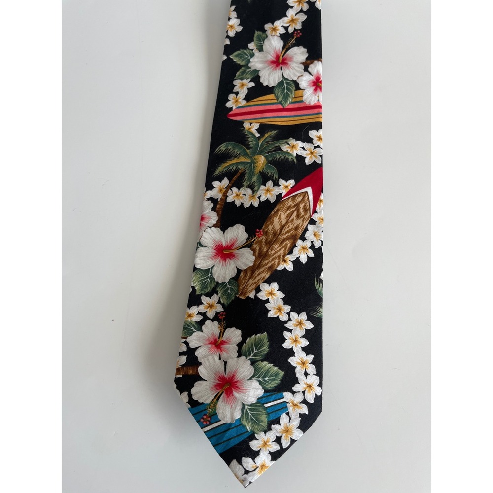 Pacific Legend Hawaii Vintage Cotton Tie Black Floral Hibiscus Surfboard USA